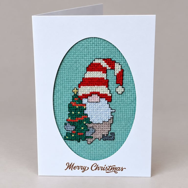 Handmade Cross Stitch Christmas Gonk & Tree Card – 6 x 4 Inch