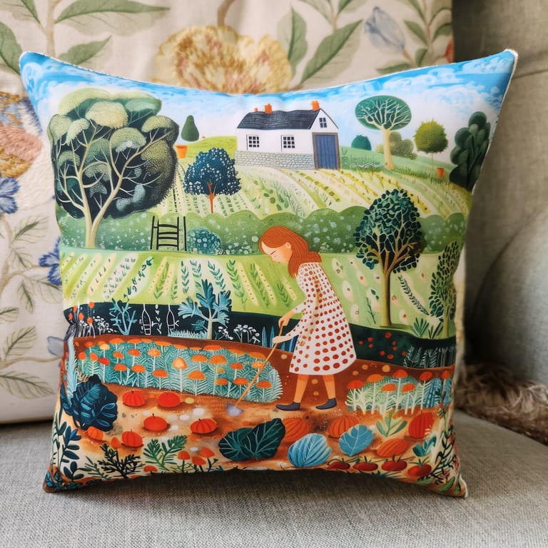 Folk Art Gardening Print Small Chair Cushion, Gift for Garden Lovers