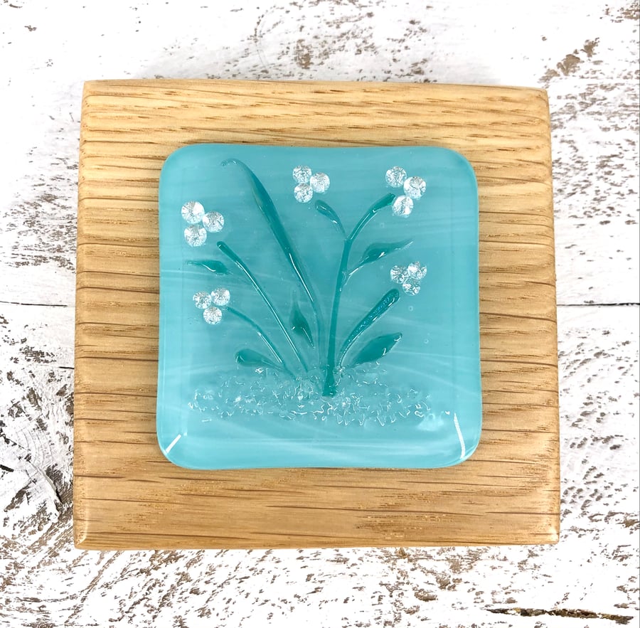 Turquoise Flower Fused Glass Picture set in Handcrafted Oak