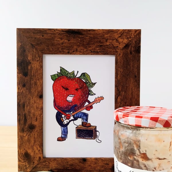 Illustration print of strawberry character playing the guitar