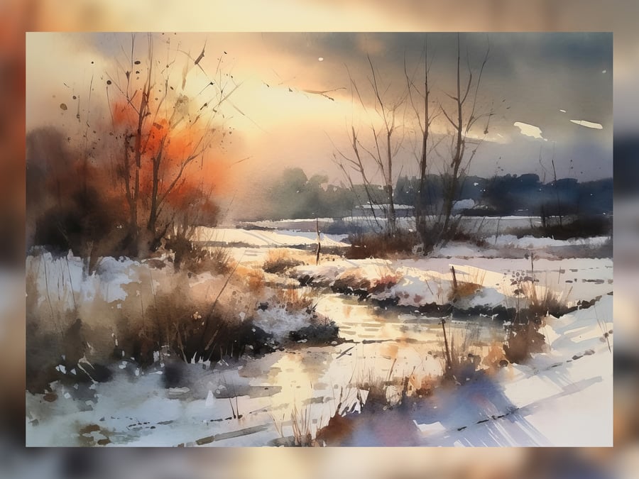 Winter Dawn Landscape Watercolor Print 5x7 - Tranquil Nature Art
