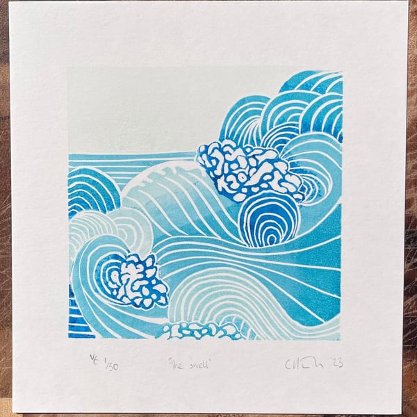 Linocut Print - Waves Seascape - Hand Printed Mini Print Nature Print