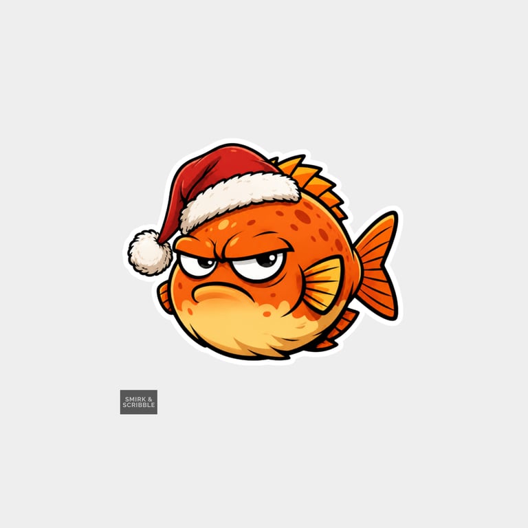 Funny Christmas Sticker Vinyl Xmas Decal For Adults - Grumpy Fish In Santa Hat