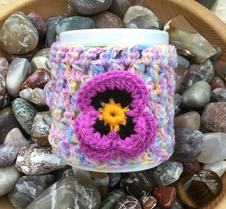 Transitional Pink and Pastels with Lilac Pansy Crocheted Mug Cosy.
