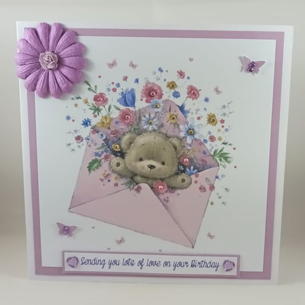 Handmade birthday card - bear with envelope of flowers