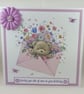 Handmade birthday card - bear with envelope of flowers