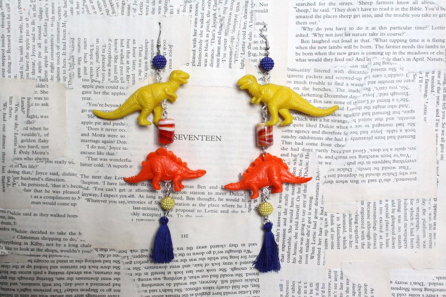 Yellow, Orange and Blue Dinosaur Tassel Statement Earrings
