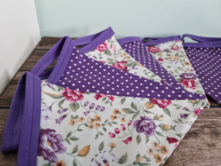 Vintage Style Wild Purple flowers & Purple Spotted Double Sided Handmade Fabric 