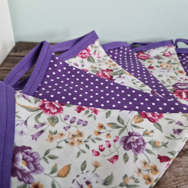 Vintage Style Wild Purple flowers & Purple Spotted Double Sided Handmade Fabric 