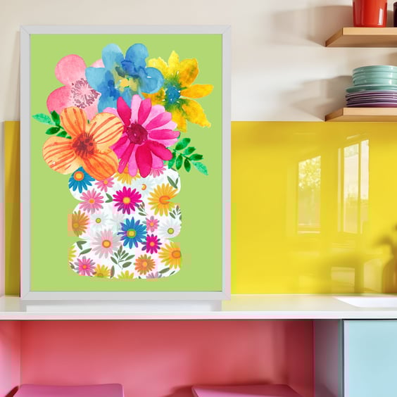 Colourful Flower Print, Bright Spring Wall Art, Exclusive Design, Framed