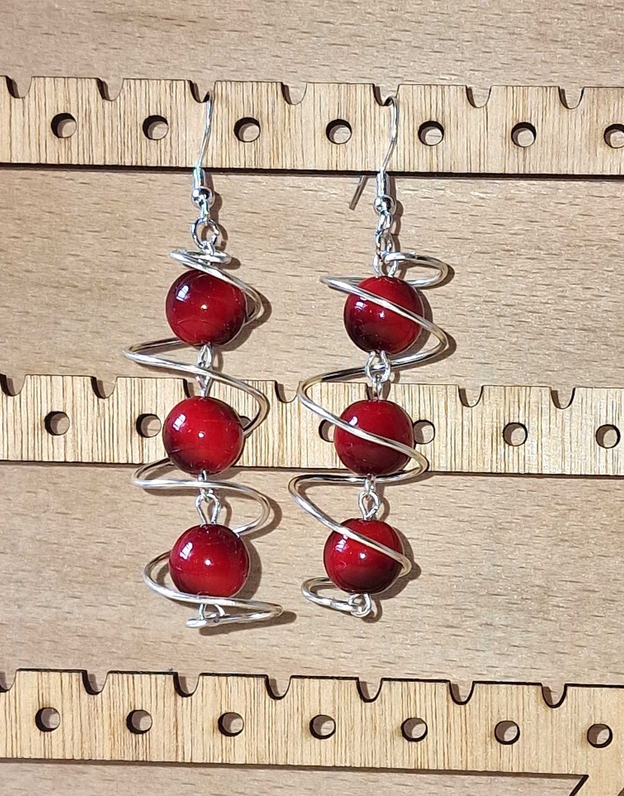Red Coral Spiral Earrings in Sterling Silver 925