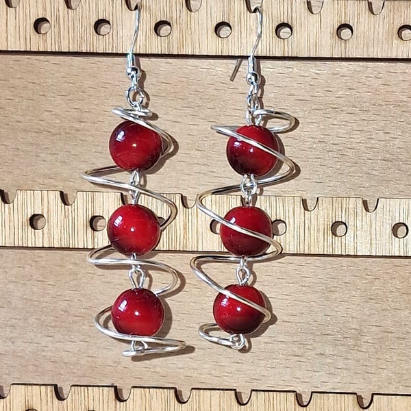 Red Coral Spiral Earrings in Sterling Silver 925