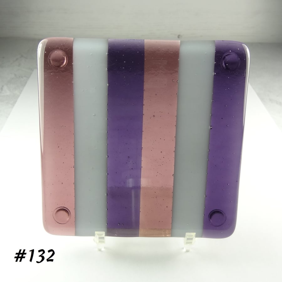 Handcrafted fused glass purple striped coaster, with bumper feet, 9cm (132)