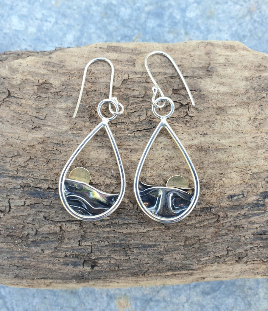 Silver sun rising over the sea or mountain earrings