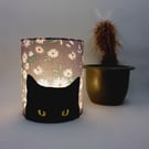 Black Cat Silhouette Lantern with LED candle and grey with white flower fabric