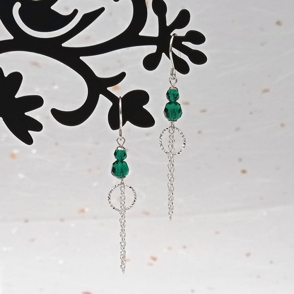 emerald crystal drop earrings, crystal beads, bead and chain drop earrings