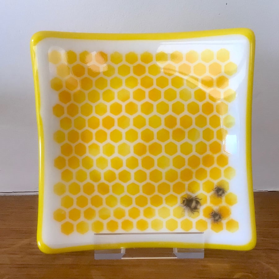 Fused glass honeycomb design dish with honey bee motif, optional dipper