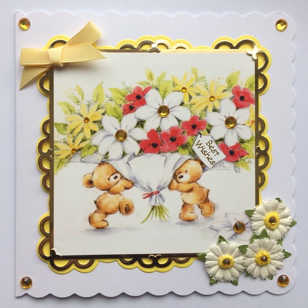Best Wishes Card Get Well Teddy Bears with Huge Bouquet of Flowers