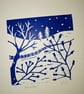An original handprinted linoprint of a dark blue winter scene.  - Image 7