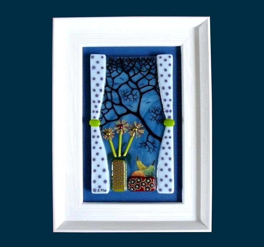 HANDMADE FUSED GLASS 'WINDOW SILL' PICTURE.