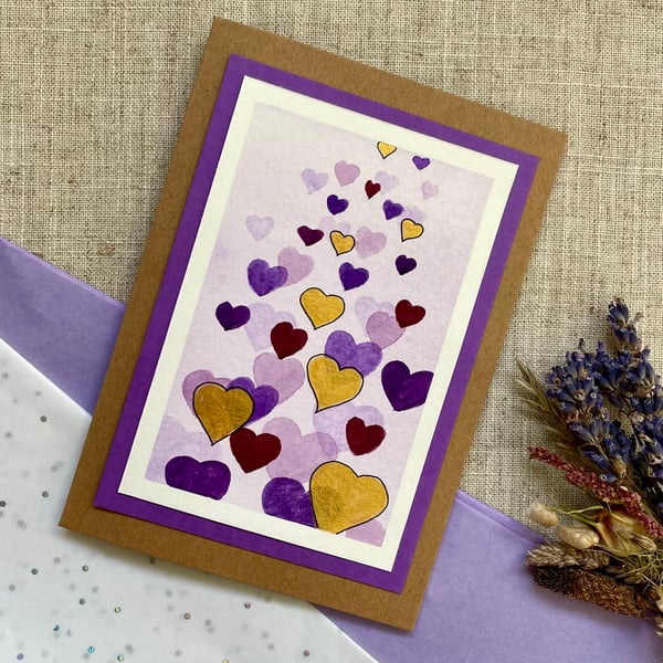 Cards, valentine card, purple hearts, greeting card original artwork. 