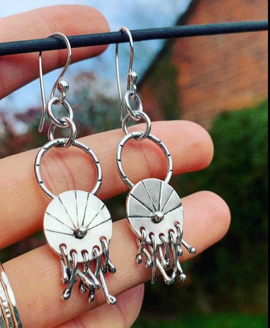 Silver Dangle Earrings - Long Drop Solid Sterling Silver Suncatcher Earrings