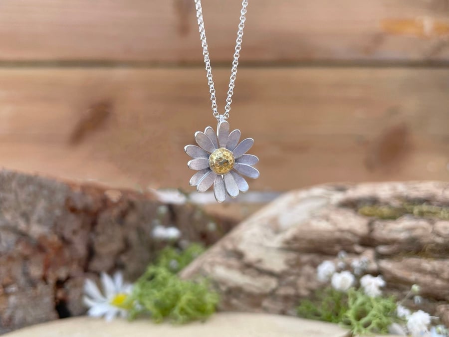 Handmade Gold & Silver Daisy Necklace (silver chain)