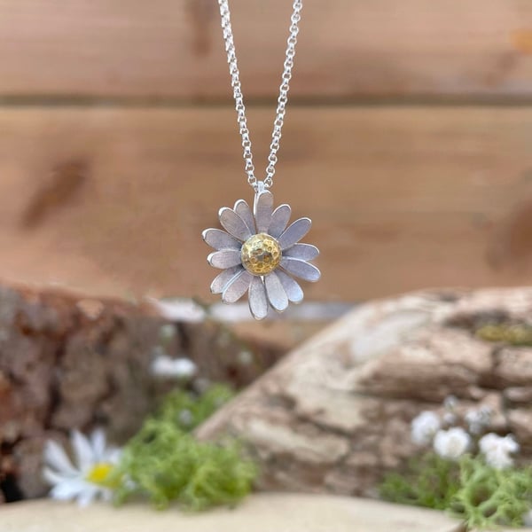 Handmade Gold & Silver Daisy Necklace (silver chain)