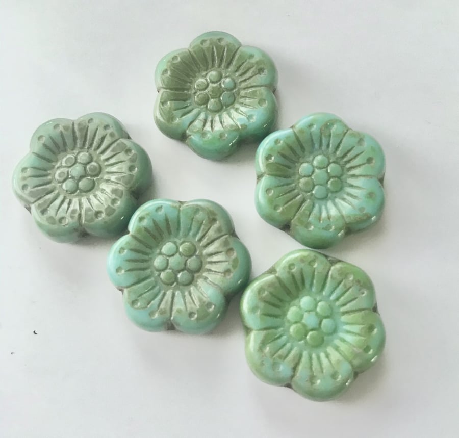 Czech Glass, Rustic Picasso Turquoise Flower Beads 18mm 