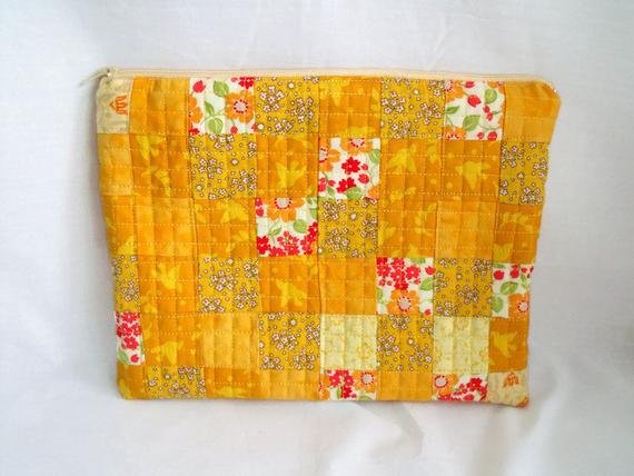 gold patchwork zipped make up pouch, pencil case or crochet hook case