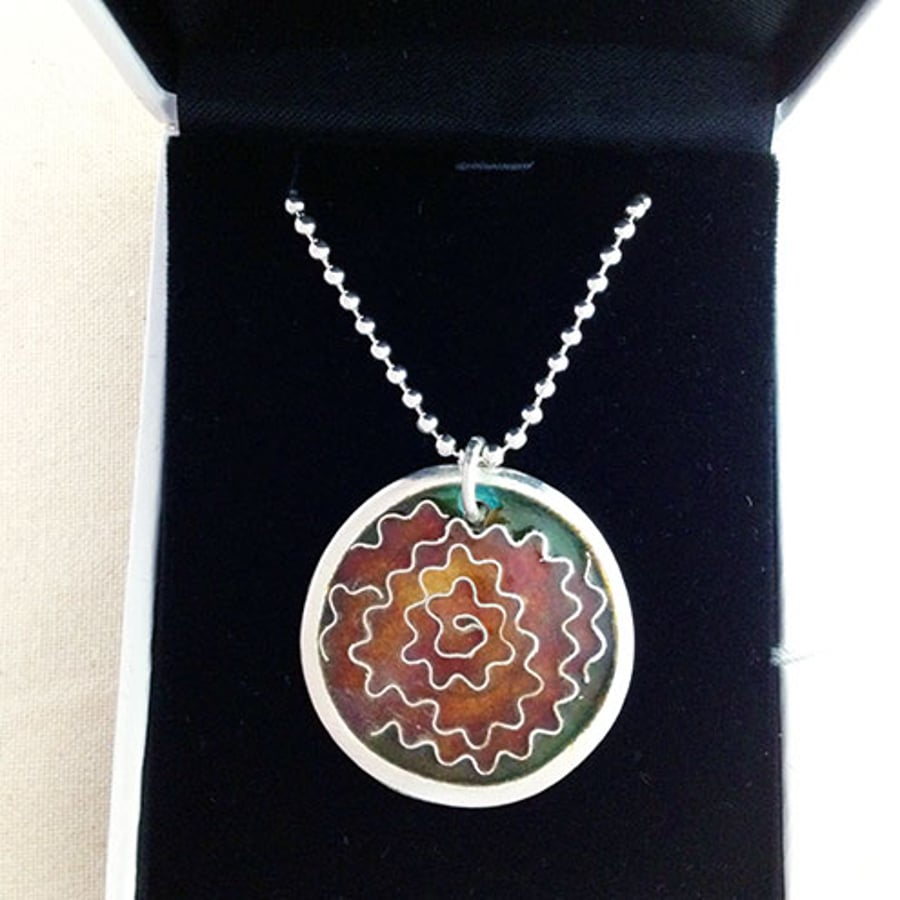 Peony cloisonne enamelled silver pendant