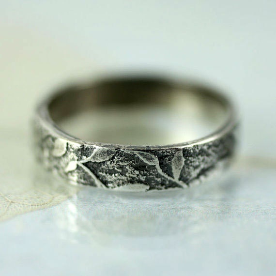 Silver Leaf Ring - Fine Scattering of Leaves Wreath Woodland Band Wedding Band