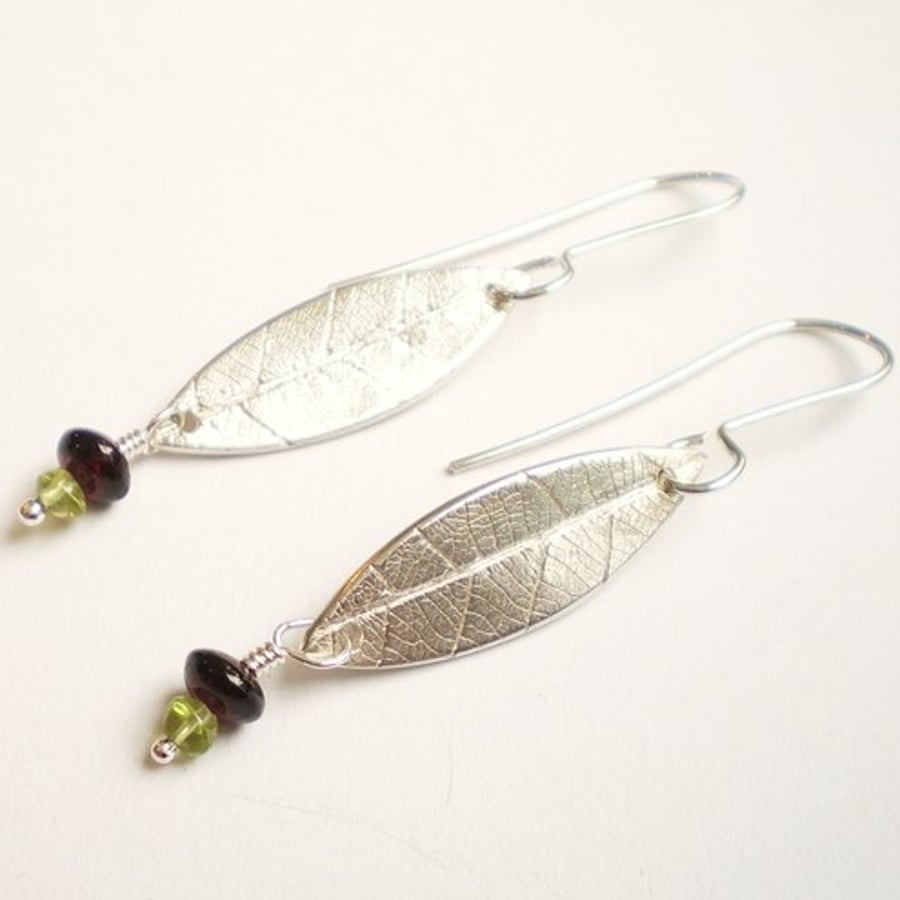 Silver Leaf Dangle Earrings with Peridot and Garnet