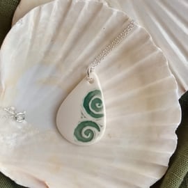 Porcelain Ceramic Droplet Necklace with Wave Design on a Sterling Silver Chain 