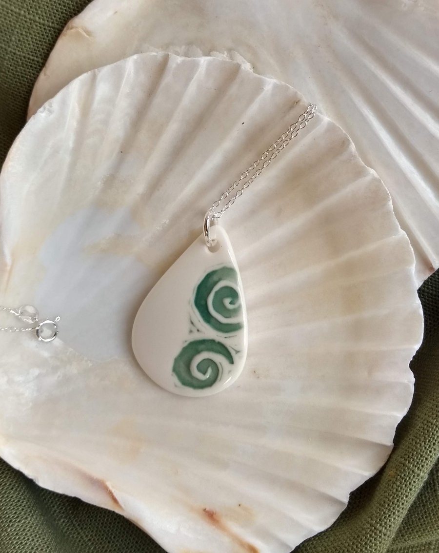 Porcelain Ceramic Droplet Necklace with Wave Design on a Sterling Silver Chain 