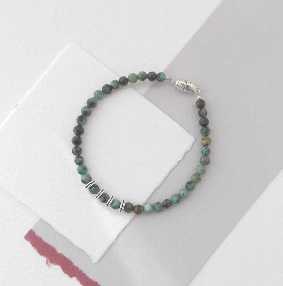 African Turquoise Gemstone Bead Tibetan Silver Magnetic Clasp Delicate Bracelet