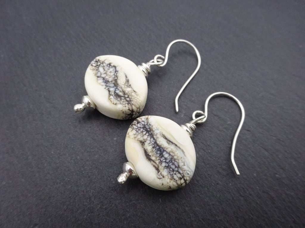 lampwork glass ivory wrapped earrings, sterling silver jewellery