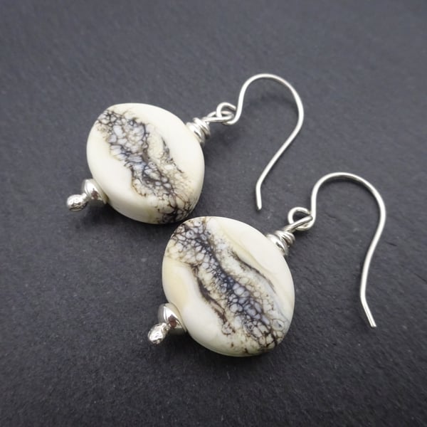 lampwork glass ivory wrapped earrings, sterling silver jewellery