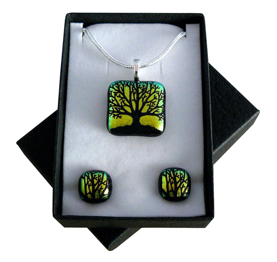 Handmade Dichroic Glass 'TREE' Pendant & Earrings.