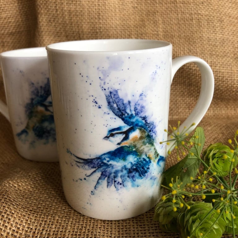 Bluetit Watercolour Bone China Mug, 10oz China Cup, Gift, Wildlife Art Mug by Wa