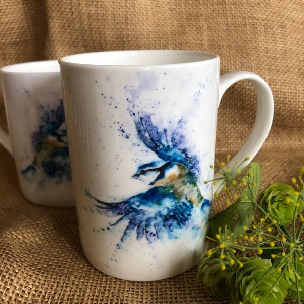 Bluetit Watercolour Bone China Mug, 10oz China Cup, Gift, Wildlife Art Mug by Wa