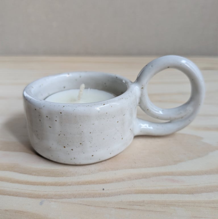 Summer Seconds Ceramic tealight holder with handle white speckled