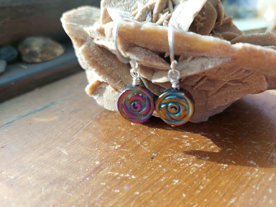 Sterling Silver Rainbow Coated Haematite Flat Flower Earrings