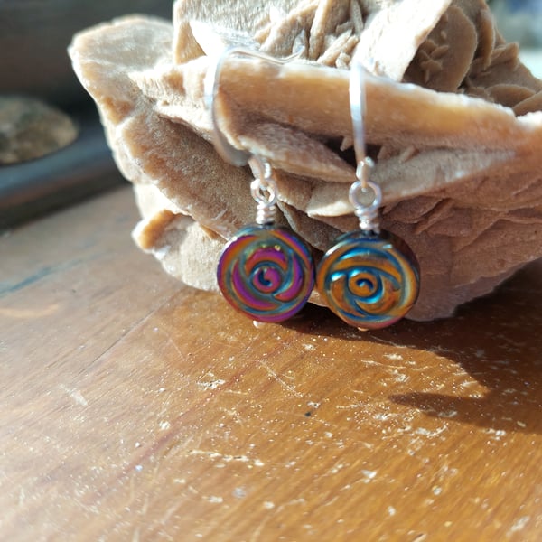 Sterling Silver Rainbow Coated Haematite Flat Flower Earrings