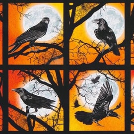 Halloween Raven Moon Raven Square Panels Orange 100% Cotton Print Fabric