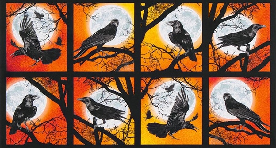 Halloween Raven Moon Raven Square Panels Orange 100% Cotton Print Fabric
