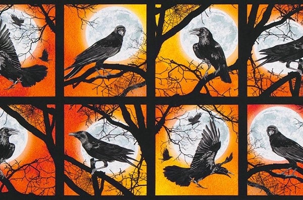 Halloween Raven Moon Raven Square Panels Orange 100% Cotton Print Fabric