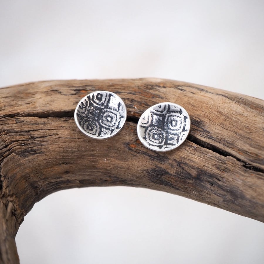 Domed earrings studs, silver stud earrings, textured oxidised silver