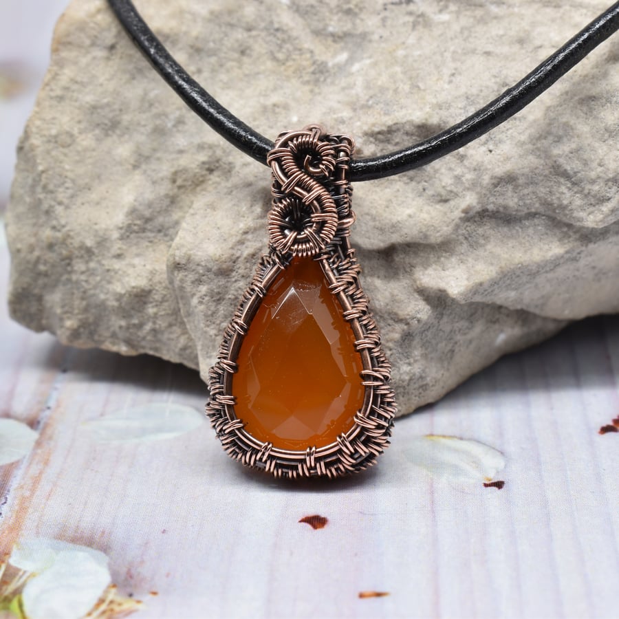 Dainty Faceted Carnelian Wire Woven Copper Pendant 