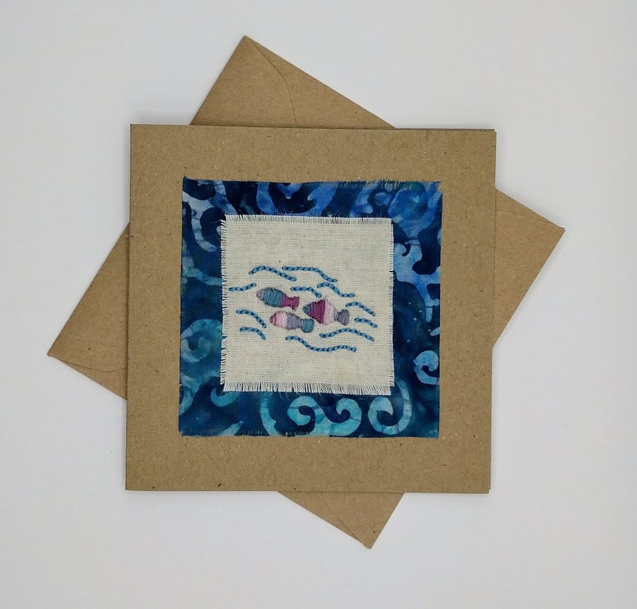 Embroidered Swimming Fish Greetings Card - Birthday Card - Blank Card